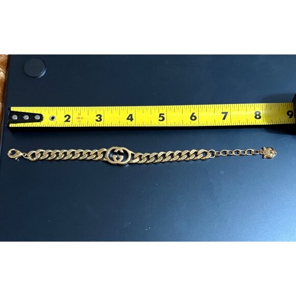 Gucci Unisex Cuban Link GG Gold Tone Bracelet Lion Charm Stamped Authentic W Box - Picture 7 of 12